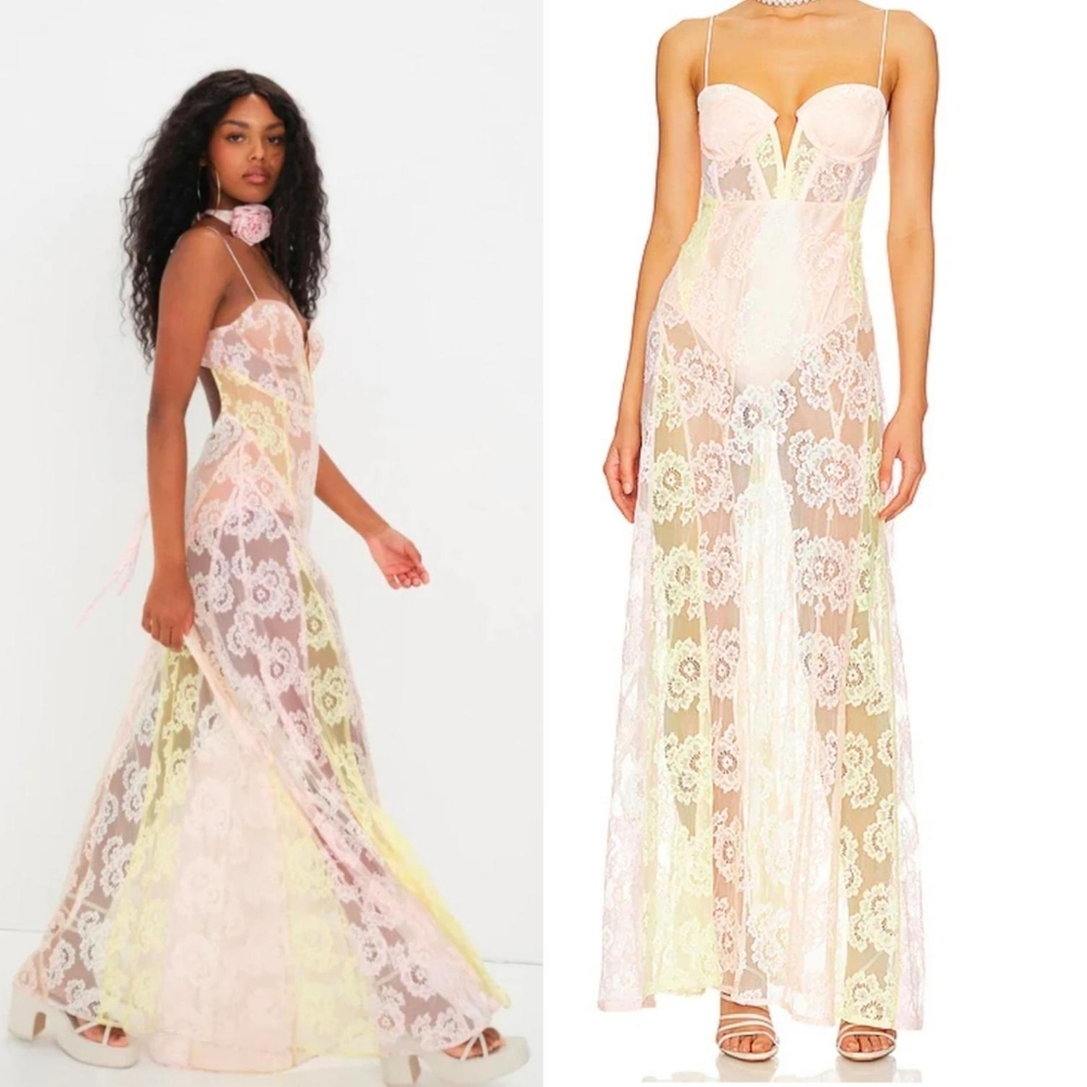 For Love & Lemons Blossom Maxi Dress Lace Corset Bodysuit Size Small Pastel Pink